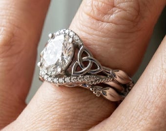 2 Carat Lab Grown Oval Cut Diamond Celtic Engagement Ring Set, Matching Wedding Band