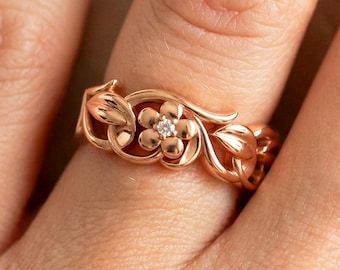 Nature Inspired Wedding Band 14k Rose Gold Diamond Flower Ring Gift for Her