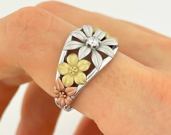 Unique Flower Ring Lab Grown Diamond Ring 14k Solid Gold Tri-Color Nature Inspired Anniversary Ring