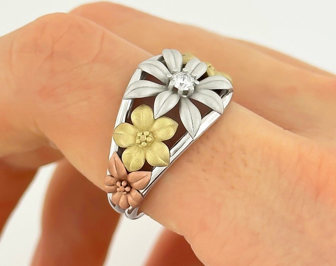 Unique Flower Ring 14k Solid Gold Tri-Color Anniversary Ring