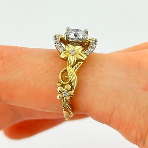 Flower Engagement Ring 14k Yellow Gold Floral Wedding Ring 1 Carat Lab Grown Diamond Unique Nature Inspired Ring