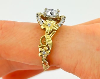 Flower Engagement Ring 14k Yellow Gold Floral Wedding Ring 1 Carat Lab Grown Diamond Unique Nature Inspired Ring