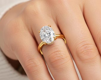 3 Carat Oval Engagement Ring Halo Diamond Wedding Ring 14K Yellow Gold Dainty Ring Lab Grown Diamond