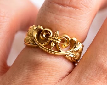 Solid 14k Yellow Gold French Inspired Fleur De Lis Wedding Ring 8mm Band For Men