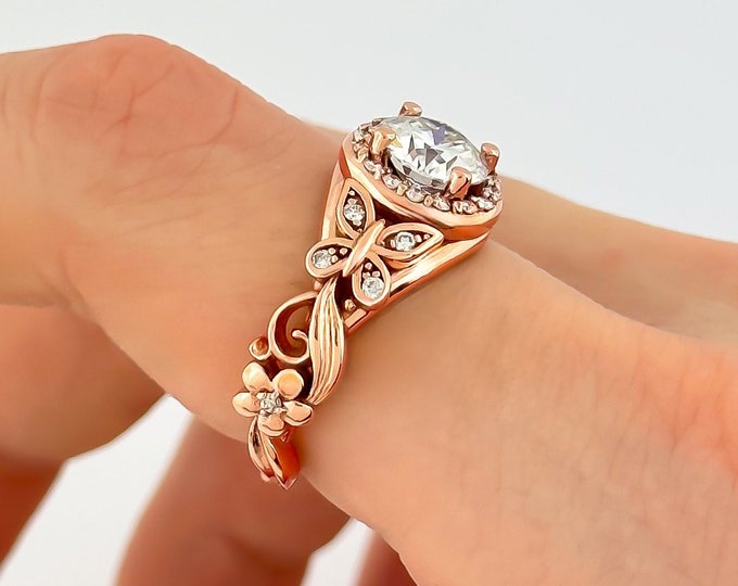 Diamond Butterfly Engagement Ring Unique Nature Inspired Wedding Ring in 14k Rose Gold