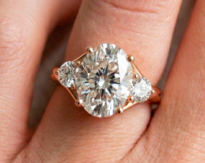 2 Carat Oval Lab Grown Diamond Engagement Ring 3 Stone Diamond Ring 14k Rose Gold Ring