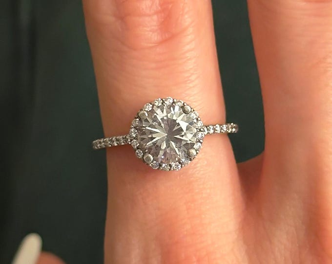 2 Carat Round Cut Diamond Halo Engagement Ring 14k White Gold Lab Grown Diamond Pave Proposal Ring