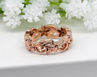 Nature Inspired Gold Band 14k Rose Gold Leaf and Flower Wedding Band Stackable Ring for Women