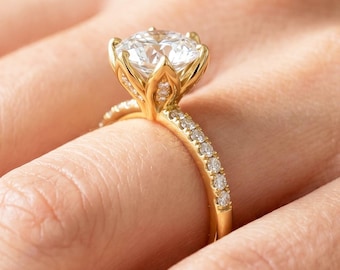 Nature Inspired Diamond Engagement Ring 2 Carat Round Lab Grown Diamond Tulip Set Ring 14k Yellow Gold Engagement Ring