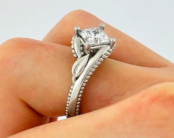 1ct Princess Cut Diamond Engagement Ring Unique 14k Gold Milgrain Wedding Ring