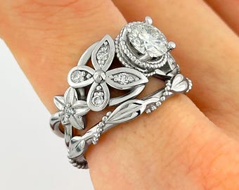 Butterfly Engagement Set 1 Carat Lab Grown Diamond Bridal Set 14k White Gold Nature Inspired Wedding Ring