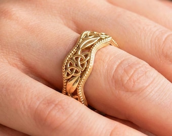 Celtic Wedding Band 14k Yellow Gold Nature Inspired 14K Celtic Trinity Knot Ring