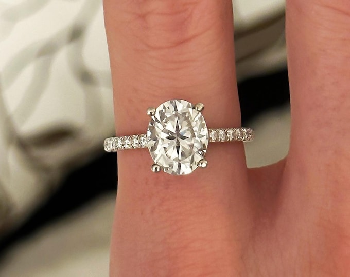 2 Carat Oval Cut Lab Grown Diamond Engagement Ring Half Eternity Diamond Ring 14k White Gold IGI Certified