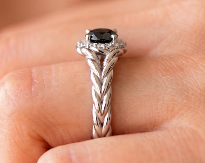 Twisted Rope Black Diamond Engagement Ring 14K White Gold 1 Carat Round Black Diamond Wedding Ring Unique Bridal Jewelry