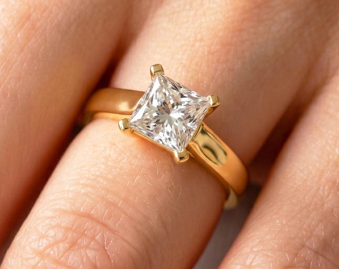 1 Carat Princess Cut Diamond Engagement Ring Solitaire Wedding Ring CVD Diamond Ring IGI Certified 14k Yellow Gold