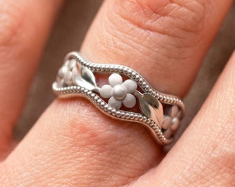 Sterling Silver Leaf Flower Ring Nature Inspired Wedding Band Floral Gift For Her