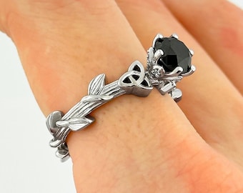 Black Diamond Celtic Engagement Ring 14k White Gold Trinity Knot Ring Nature Inspired Leaf Wedding Ring