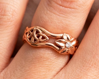 Nature Inspired Wedding Band 14k Rose Gold Celtic Ring Anniversary Rings For Women