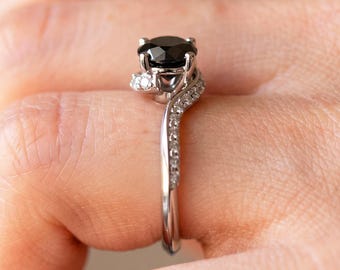 Round 1 Carat Black Diamond Engagement Ring Unique White Gold 14k Proposal Ring For Women