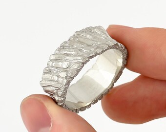 Unique Mens Wedding Band Wood Grain Ring Rustic Style Solid 14k White Gold Tree Bark Ring