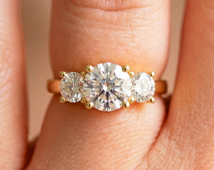 1.5 Carat Round Cut Lab Created Three Stone Diamond Engagement Ring IGI Certified Round Cut Side Diamonds 14k Yellow Gold