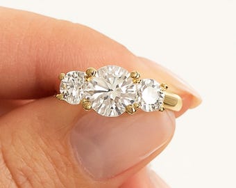 1.4 Carat Round Cut Lab Created Three Stone Diamond Engagement Ring IGI Certified Round Cut Side Diamonds 14k Yellow Gold