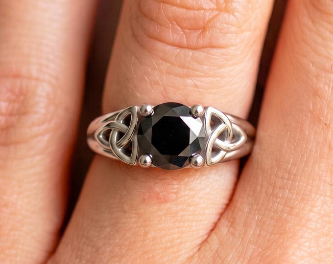 Celtic Engagement Ring 1 Carat Round Black Diamond Solitaire 14k White Gold Dainty Wedding Ring