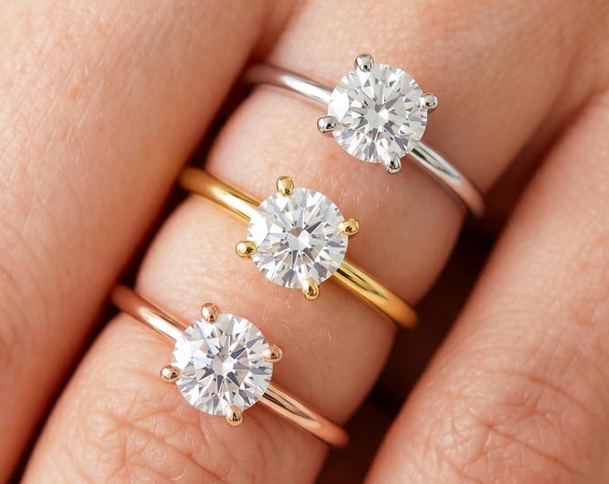 1 Carat Round Lab Grown Diamond Ring Minimalist Solitaire 4 Prongs Thin Ring Round Diamond Solitaire Engagement Ring 14k White Gold