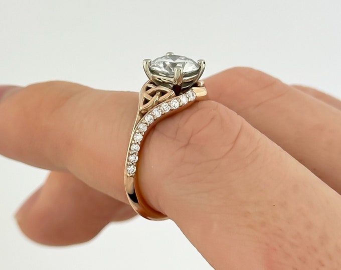1 Carat Round Brilliant Lab Grown Diamond Celtic Ring 14k Rose Gold Engagement Ring Trinity Knot Symbol Ring