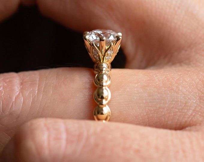 Dainty Minimalist 1 Carat IGI Certified Round Cut Lab Grown Diamond Engagement Ring Petite Band Nature Inspired 14k Yellow Gold Ring