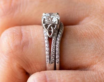 Celtic Engagement Ring Set 1 Carat Round Diamond 14K White Gold IGI Certified Matching Wedding Band Trinity Knot Bridal Set