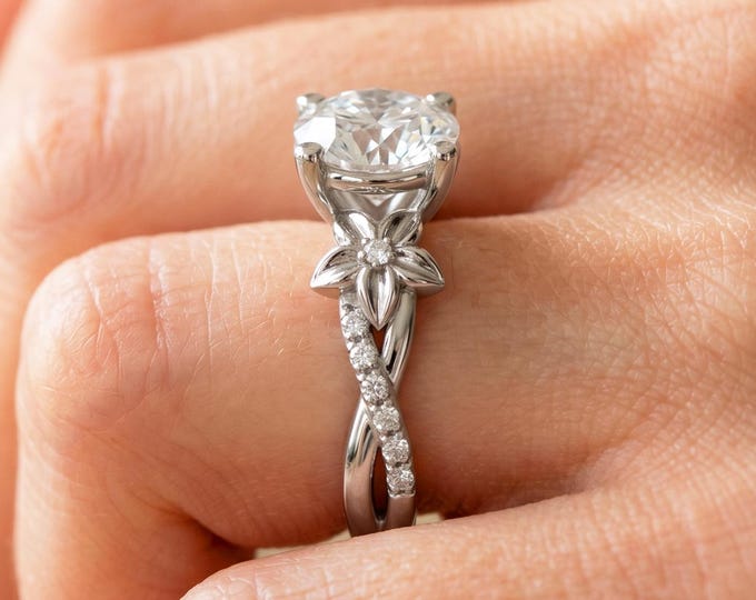 Nature Inspired Diamond Engagement Ring 14k White Gold Flower Wedding Ring 2 Carat Round Lab Grown Diamond