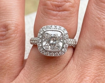 1.5 Carat Cushion Lab Grown Diamond Ring 14k White Gold Hidden Halo Ring IGI Certified 1.5CT Engagement Ring