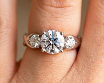 Three Stone Ring Engagement Ring: Round Cut 14k White Gold