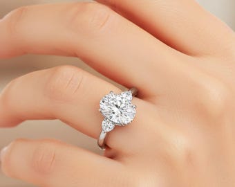 3 Carat Oval Lab Grown Diamond Ring 3 CT Oval Diamond Thin Engagement Ring Dainty Ring Small Pear Side Diamonds 14K Gold Hidden Halo