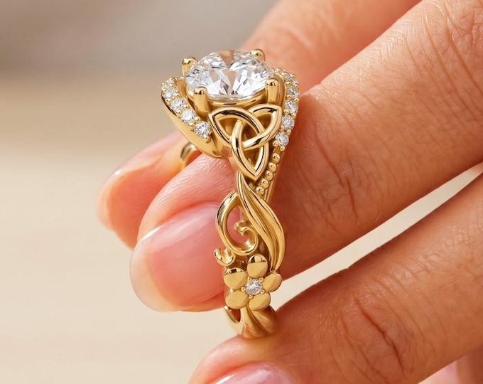Celtic Engagement Ring 2 Carat Round Lab Grown Diamond 14k Yellow Gold Trinity Knot Wedding Ring Nature Inspired