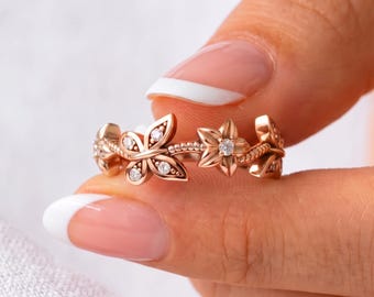 Unique Diamond Wedding Band Rose Gold 14k Jewelry Gift For Her Nature Inspired Ring Butterfly Flower Eternity Ring