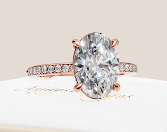 3 Carat Oval Cut Engagement Ring Oval Lab Grown Diamond Ring 14K Rose Gold Ring Minimal Ring Dainty Ring Pave Set
