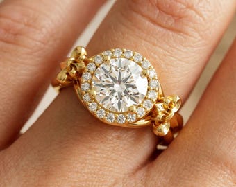 Fleur de Lis Engagement Ring 14k Yellow Gold 1 Carat Round Diamond Lab Grown