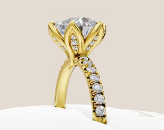 Nature Inspired Diamond Engagement Ring 2 Carat Round Lab Grown Diamond Tulip Set Ring 14k Yellow Gold Engagement Ring