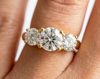 3 Stone Engagement Ring 2 Carat Lab Grown Round Cut Diamond 14k Yellow Gold