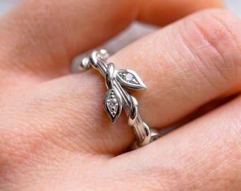 Sterling Silver Nature Inspired Leaf Vine Ring Olive Twig Band with Lab Diamond Leaves