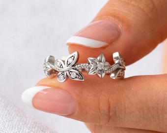 Butterfly Flower Ring 925 Sterling Silver Lab Diamond Floral Band Nature Inspired Jewelry