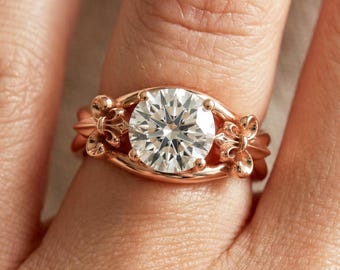 1 Carat Lab Grown Diamond Engagement Ring Fleur de Lis 1CT Round Diamond 14k Rose Gold