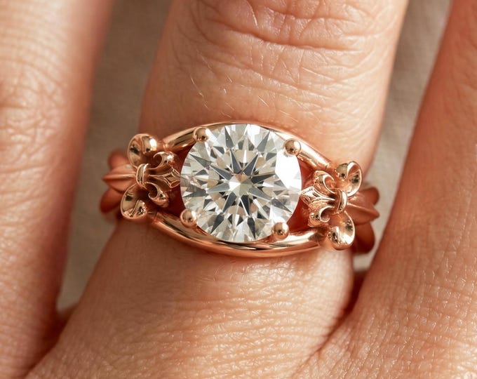 1 Carat Lab Grown Diamond Engagement Ring Fleur de Lis 1CT Round Diamond 14k Rose Gold