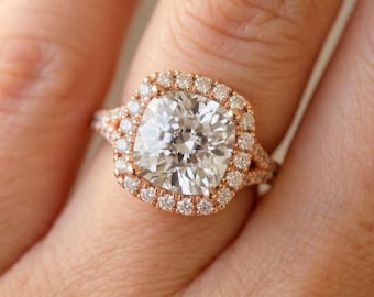 3 Carat Cushion Lab Grown Diamond Halo Engagement Ring Pave Wedding Ring Cushion Cut Diamond Ring 14k Rose Gold