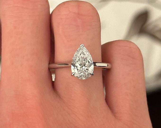 2.5 Carat Pear Lab Grown Diamond Ring Pear Shaped Engagement Ring 14k White Gold 2MM Minimalist Ring