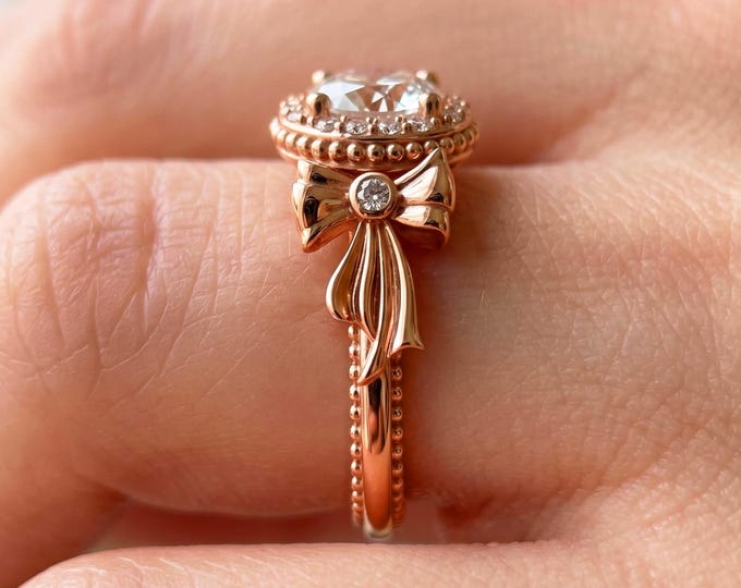 1.5 Carat Round Cut Lab Grown Unique Diamond Ring Halo Engagement Ring 14k Rose Gold Bow Tie Ring