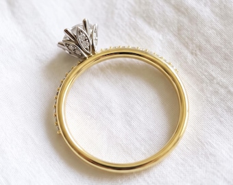 1ct Round Lab Grown Diamond Engagement Ring, Two Tone 14k Gold Lotus Flower Tulip Setting, 6 Prong Pavé Diamond Band