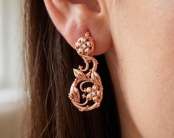 Flower Leaf Vine Diamond Earrings Solid 14k Gold Floral Nature Inspired Jewelry For Women